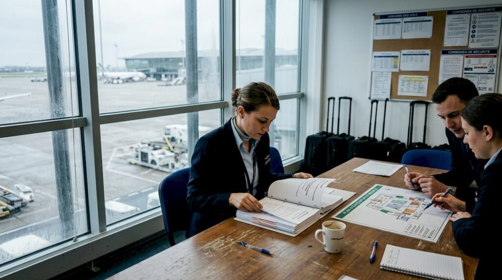 Les membres de l’équipage cabine en formation se retrouvent en salle de briefing.