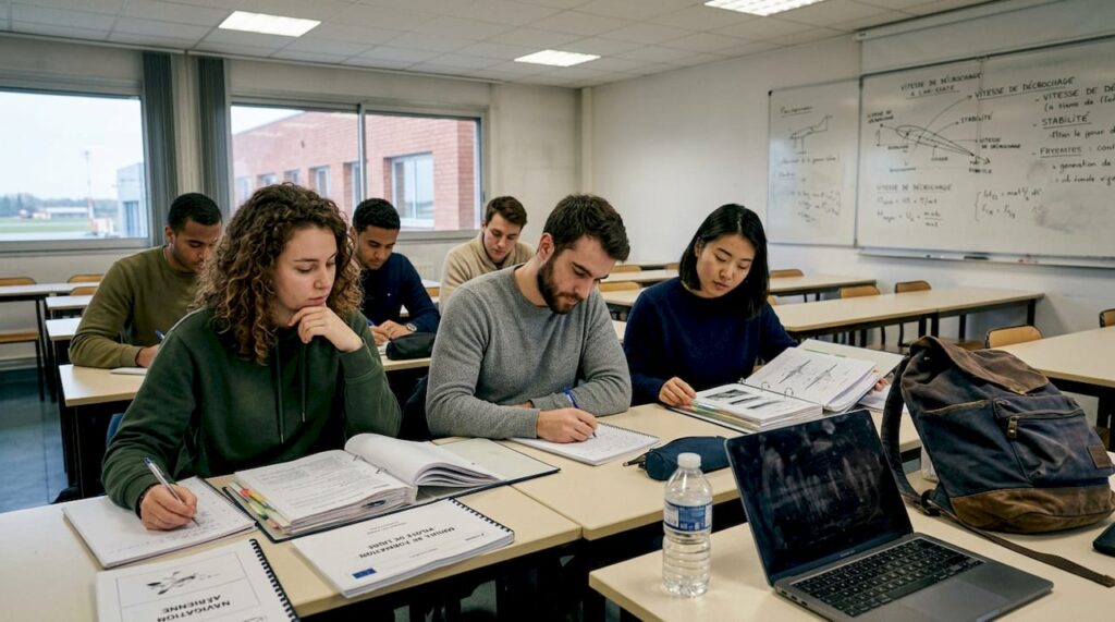 Des élèves pilotes en pleine séance de formation théorique en salle de classe.