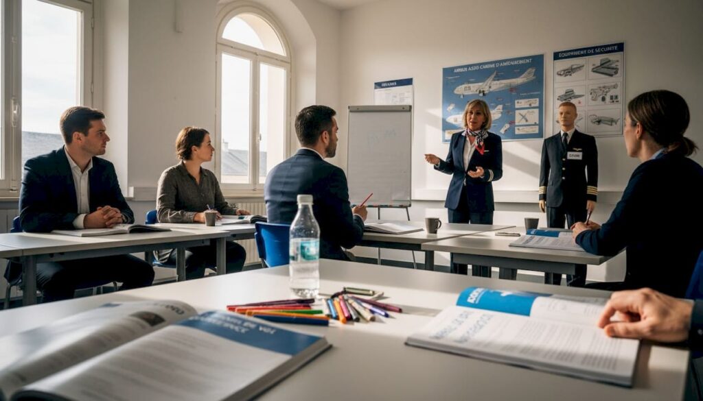 Un formateur encadre un petit groupe d’apprentis membres d’équipage de cabine lors d’une session en salle.