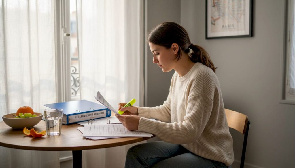 Une hôtesse de l’air qui étudie les règles de sécurité aérienne tranquillement chez elle.