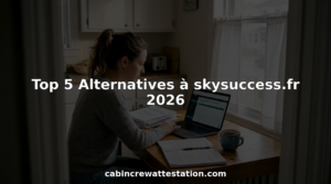 Une femme révise son examen de personnel navigant attablée dans sa cuisine.