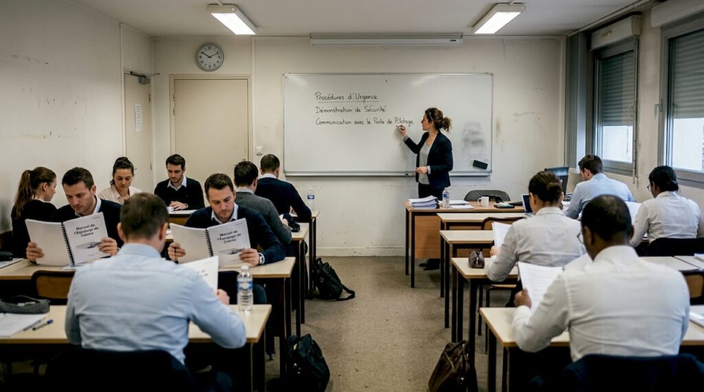 Des adultes en formation pour devenir hôtesses et stewards de l’air, réunis en salle de cours.
