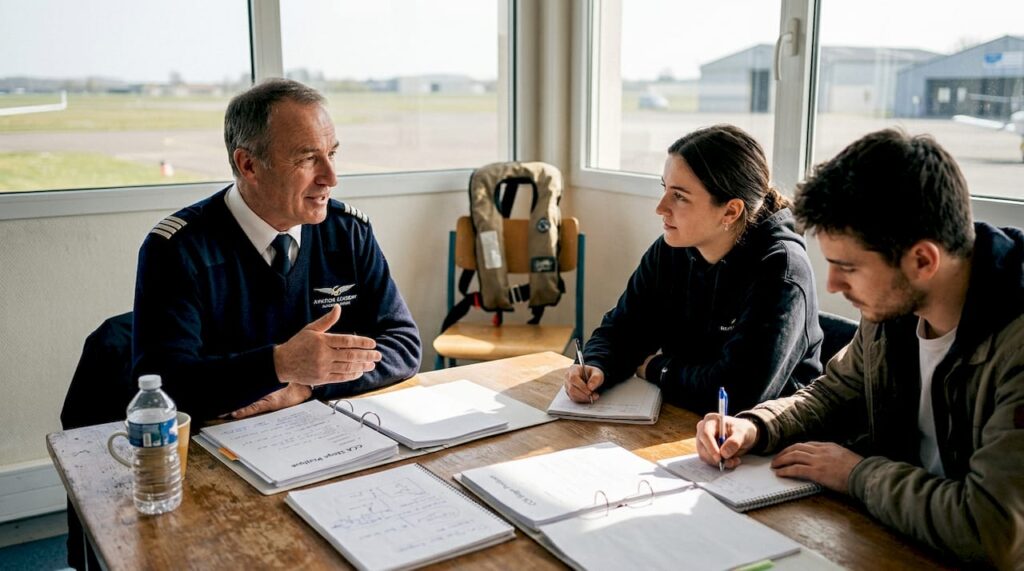 Moment d’échange entre l’instructeur CCA et les stagiaires autour de la table