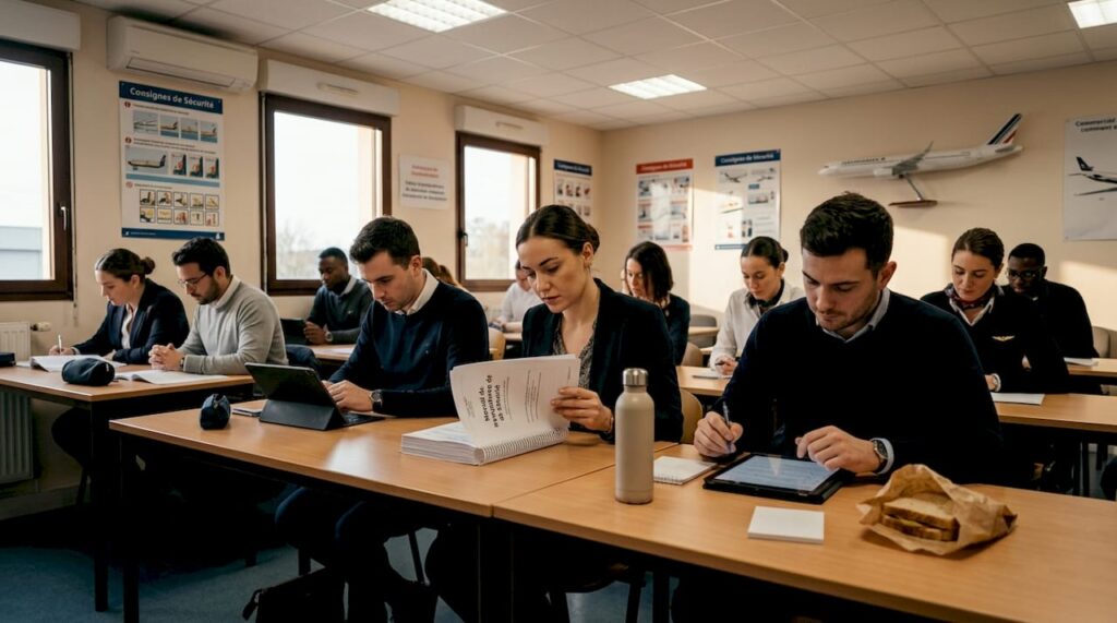 Des futurs agents de bord en pleine formation dans une salle de cours dédiée à l’apprentissage des métiers de l’aviation.
