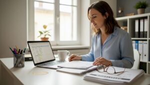 Une femme contrôle les dossiers et s'assure que toutes les attestations nécessaires sont bien présentes dans la cabine.