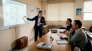 Formation en présentiel pour le personnel navigant commercial, dispensée dans un environnement dédié à l’aéronautique.