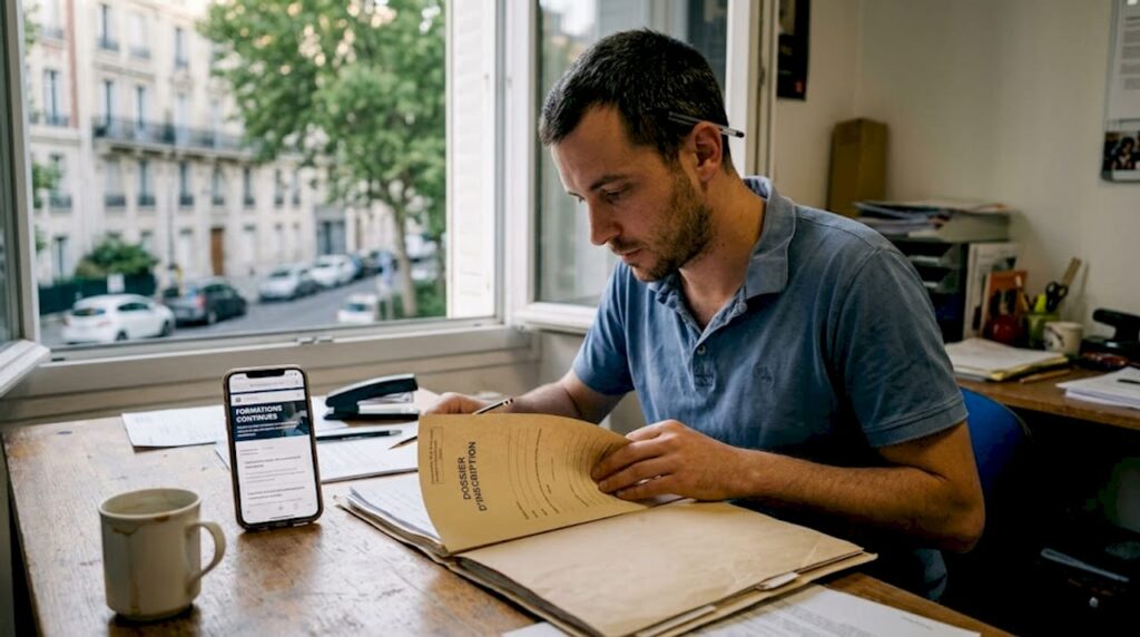 Un homme examine son dossier de formation CCA dans son bureau.