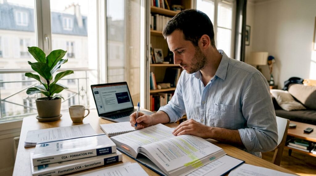 Un étudiant révise sérieusement à son bureau en vue de sa formation CCA.