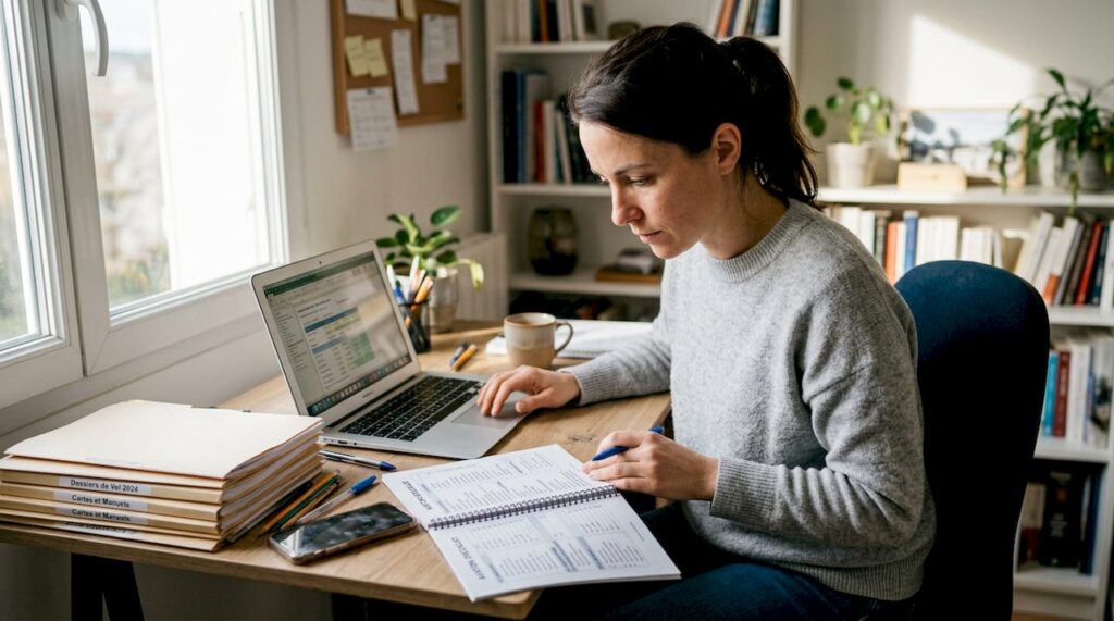 Une femme procède à la vérification approfondie des documents de conformité aérienne.