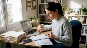 Une femme procède à la vérification approfondie des documents de conformité aérienne.