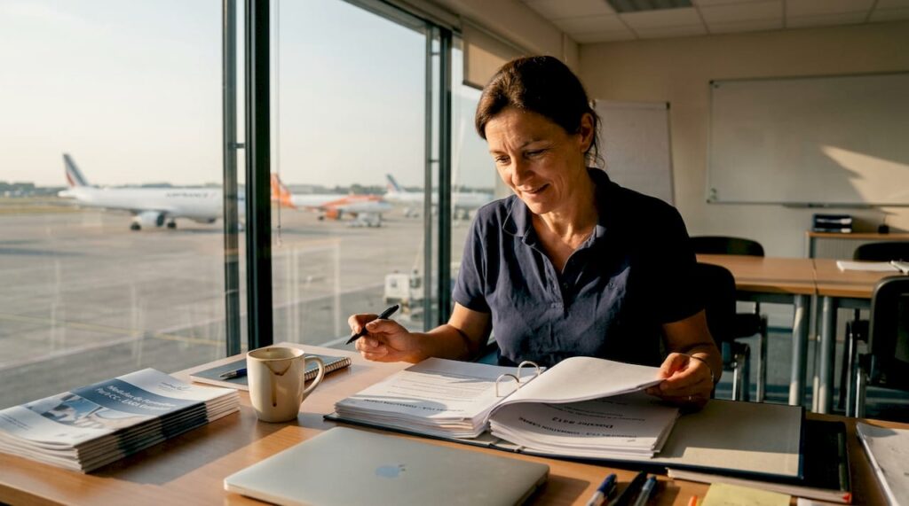 Je forme les futurs membres d’équipage de cabine au sein d’un bureau spécialisé en aéronautique.