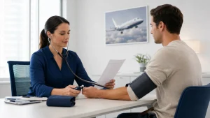Candidat PNC pendant une évaluation aéromédicale avec un professionnel de santé