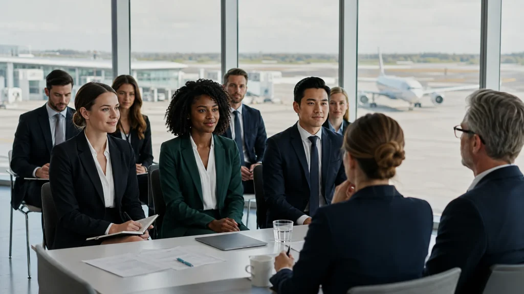 Candidats et recruteurs lors d’une session de recrutement PNC dans un aéroport