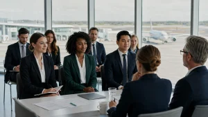Candidats et recruteurs lors d’une session de recrutement PNC dans un aéroport
